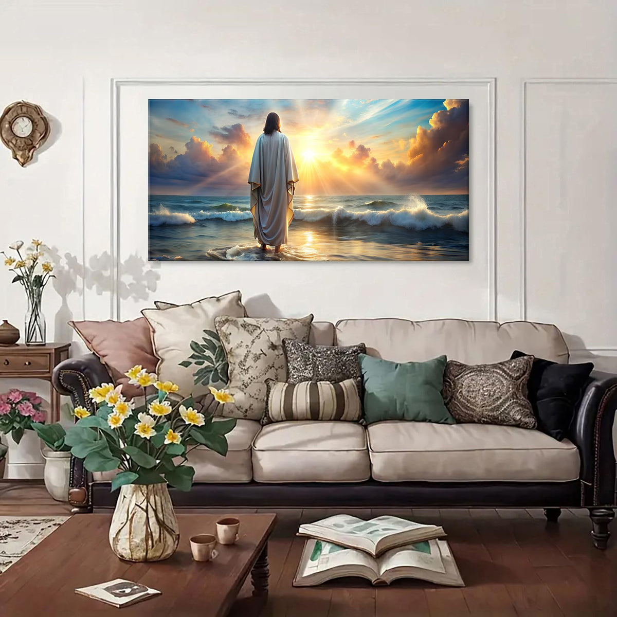 Large Jesus Canvas Wall Art Jesus Walking on Water Wall Decor for Living Room Office Inspirational Christian Picture Prints Sunset Ocean Coastal Painting Religious Poster Artwork Decorations 24x48” (48"L x 24"W / JESUS01)