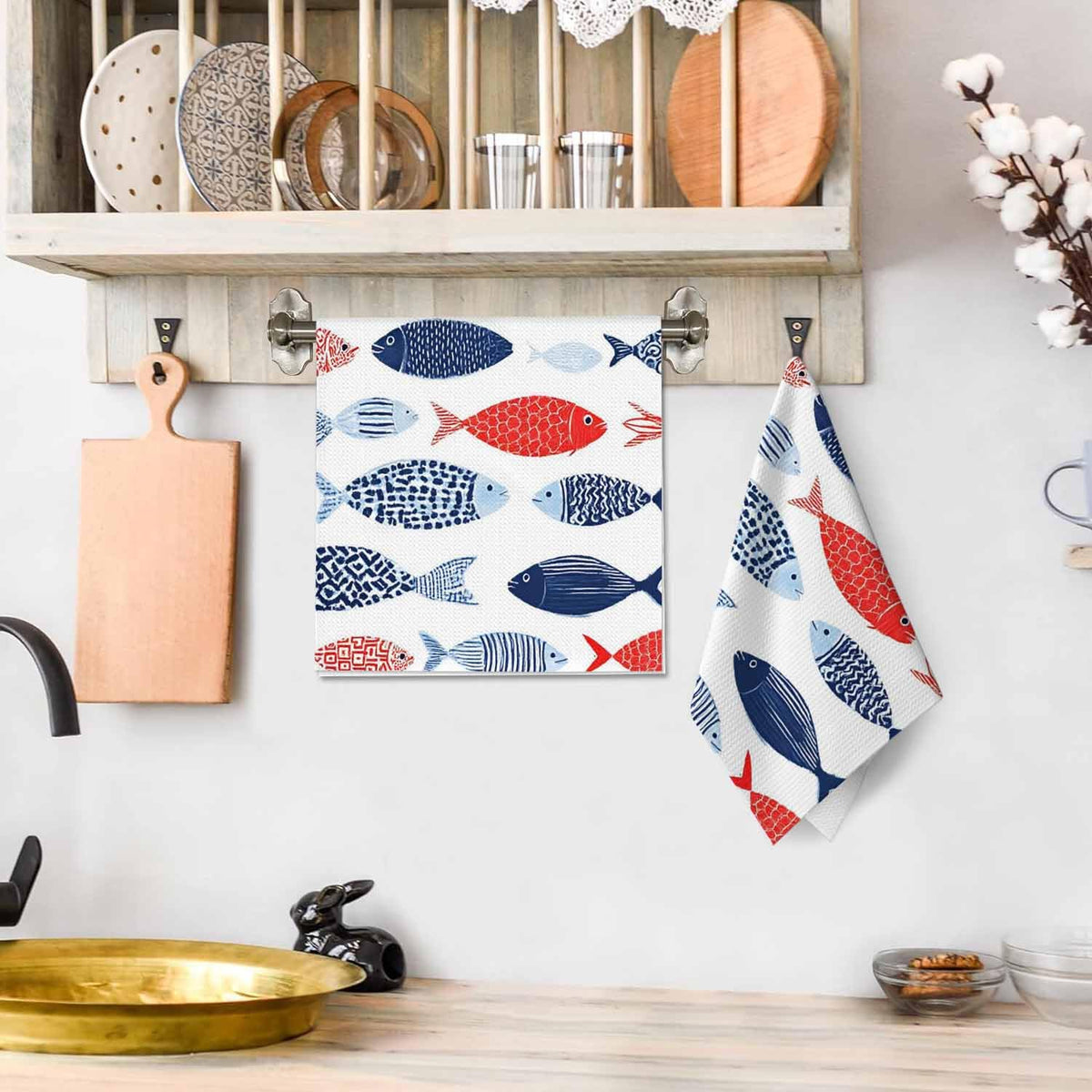 Decorative Fish Waffle Kitchen Dish Cloths Colorful Vintage Nautical Beach Abstract Fishes Ultra Soft Absorbent Quick Drying Dish Towels 16 X 24 Inches Set of 2 (Decorative Fish)