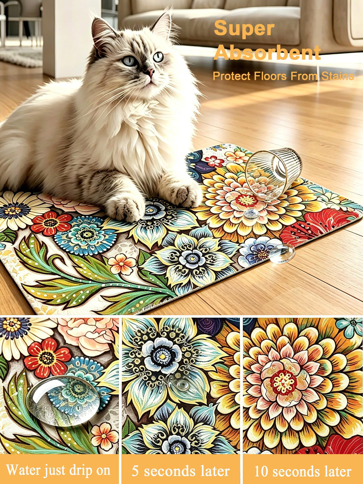 Dog Food Mat 12" x 19" Flower Absorbent Dog Cat Bowl Mat for Food and Water (Colorful Mandala / 12"L x 19"W)