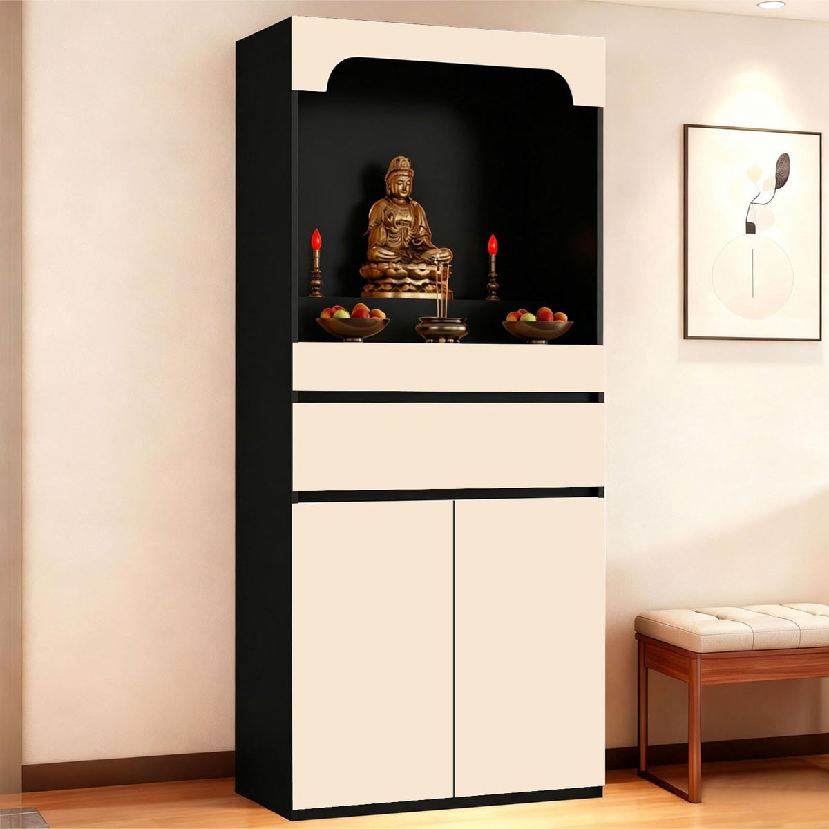 Altar Table Pooja Cabinet with Drawers and Storage Cabinets (27.6×15.7×65.4in / Beige+black)