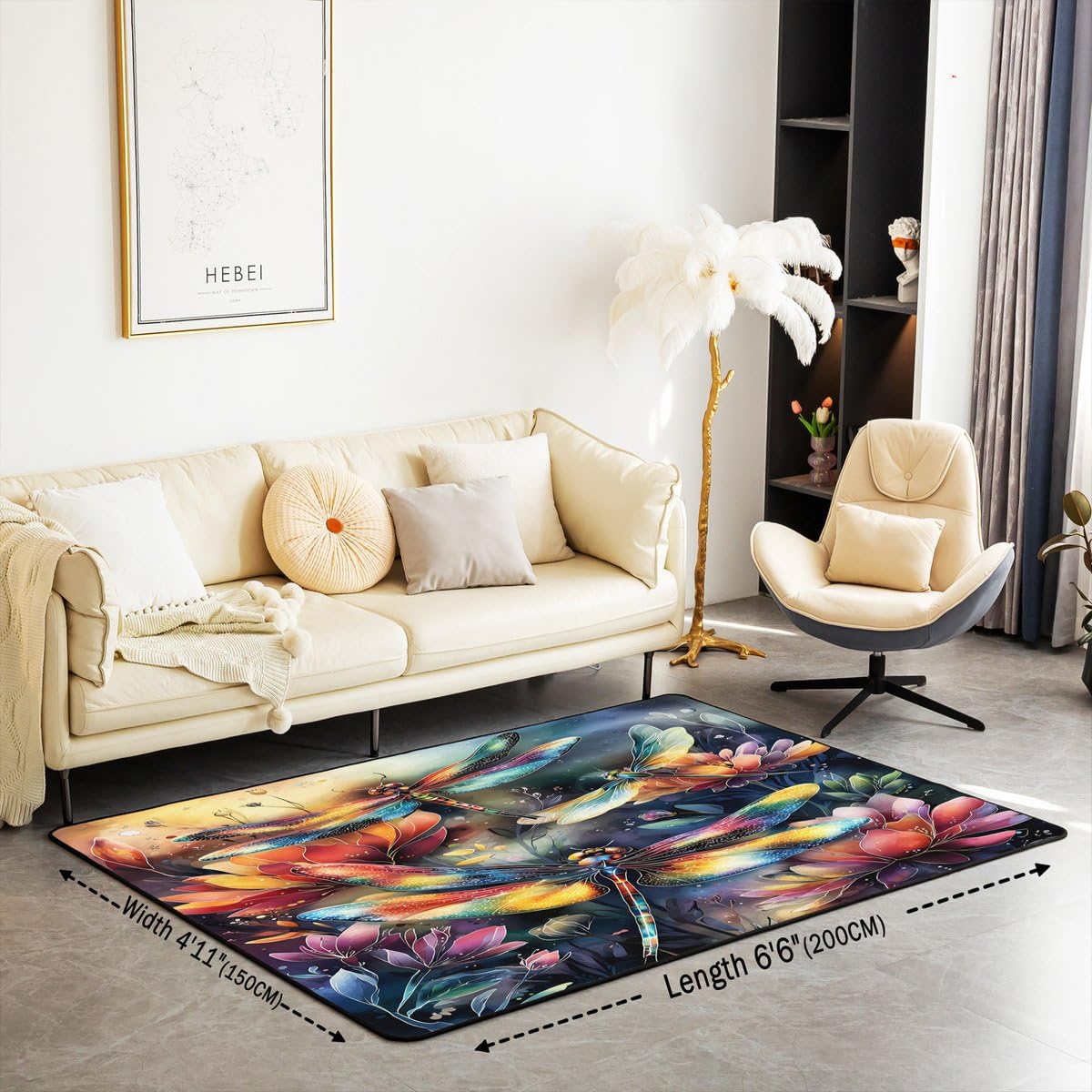 Dragonfly 5x7 Area Rug Colorful Flowers Living Room Rug (Red Orange Blue / 4'11" x 6'6" (Rectangular))