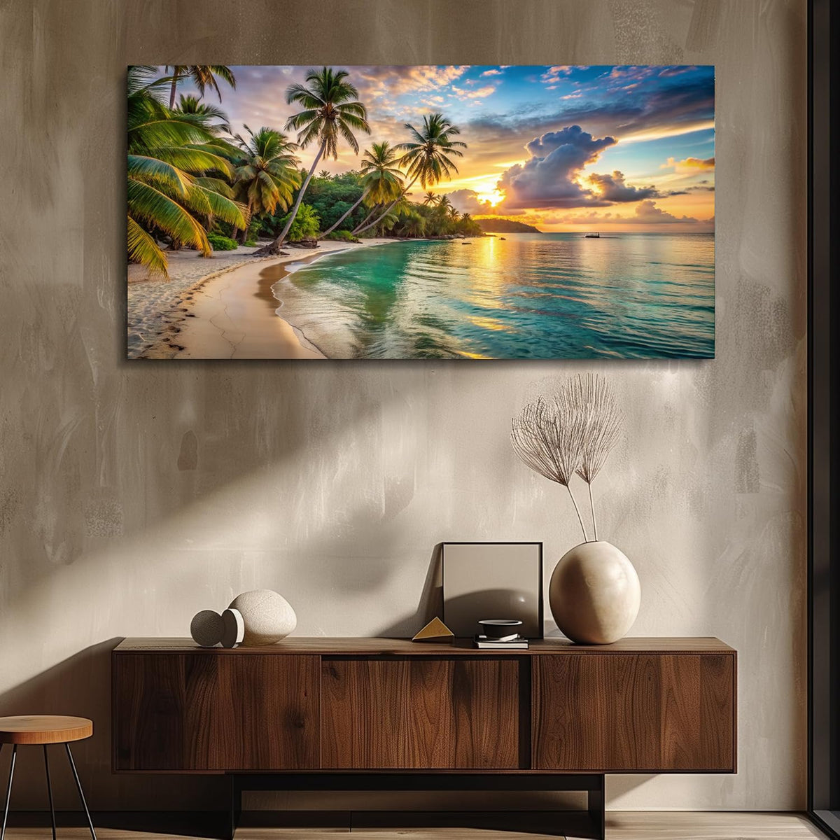 Large Picture for Lliving Room Sunset Beach Wall Art Tropical Paintings Coastal Artwork Ocean Decor Plam Tree Landscape Canvas Prints for Bedroom Wall Decor Office Framed Home Decoration (2BeaP01 / 60"L x 30"W)