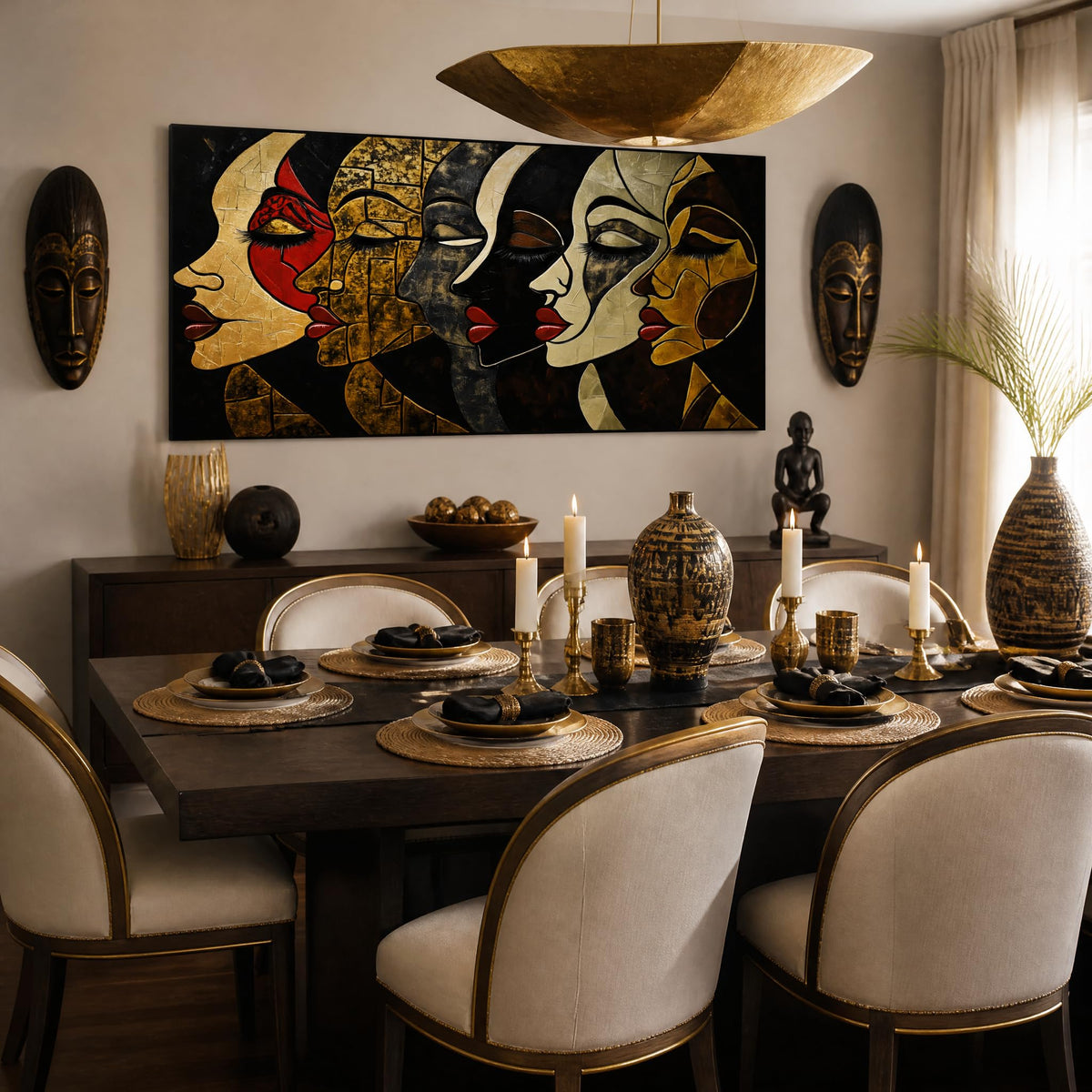 Abstract African Women Faces Canvas Wall Art Modern Tribal Portrait Painting Print Gold Black Red Geometric Artwork for Living Room Bedroom Bathroom Decor (Mysterious / Black Face Series 13 / 40"L x 20"W)