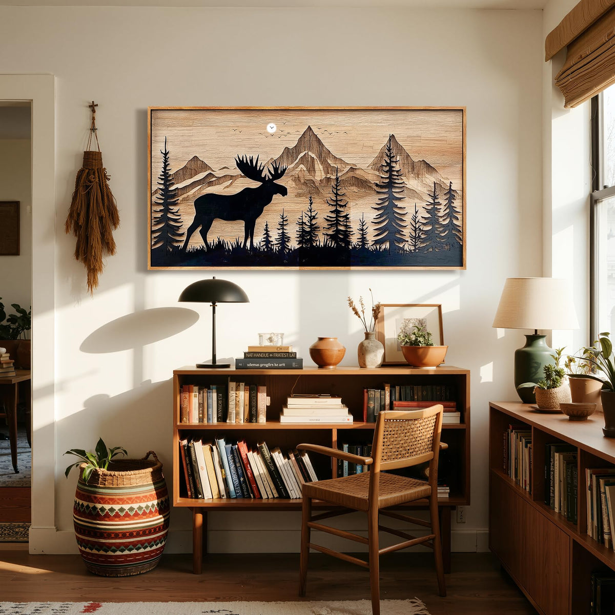 Deer Forest Mountain Wall Art Large Framed Print Farmhouse Decor (Deer Mountain / 57"L x 29"W)