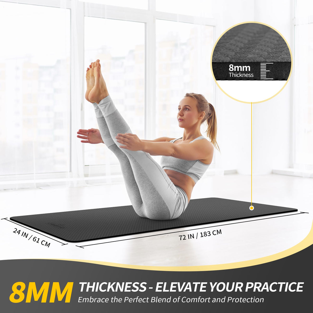 TPE Yoga Mat Non (Black / 72*24*0.31 inch)