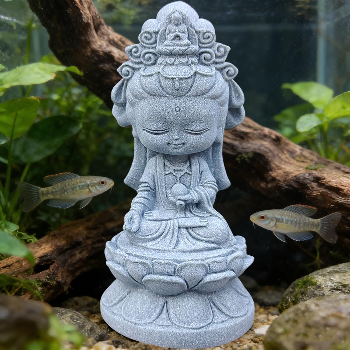 Small Guanyin Buddha Statue Quanyin Figurine Sandstone Decor (Gray)