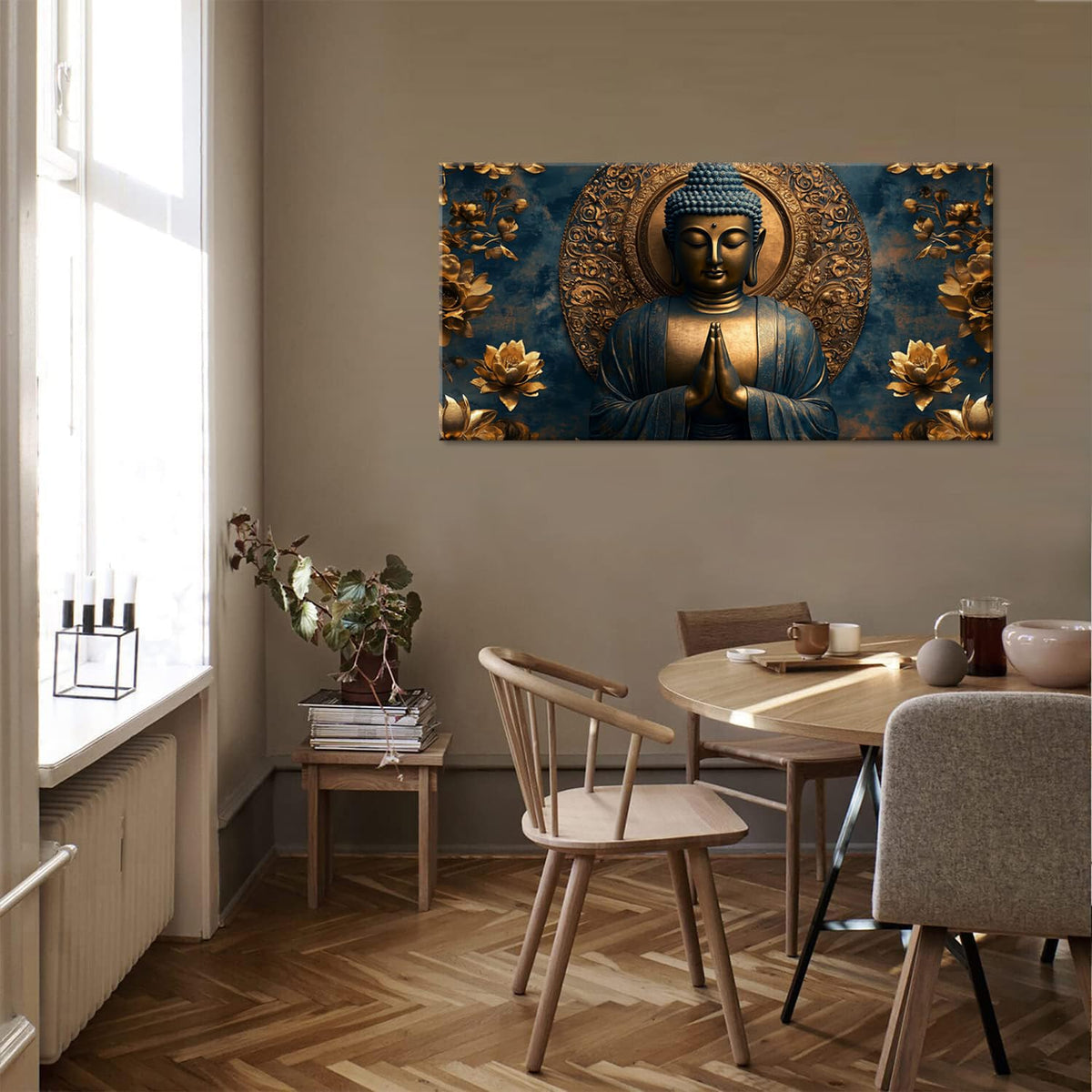 Zen Brown and Gold Buddha Wall Art for Living Room Office Religion Art Deco Blue Background Painting Prints Fantasy Canvas Artwork Over the Couch Bedroom Decor Large (46"L x 23"W / Brown and Gold Wall Art (K871))