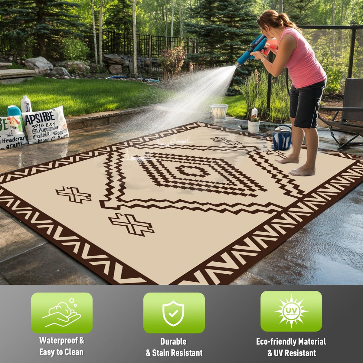 Beige Brown Geometric Rug 5x8 FT Defines Space Mat for Patio Deck Camping (Del Diamond / 5x8 Feet)
