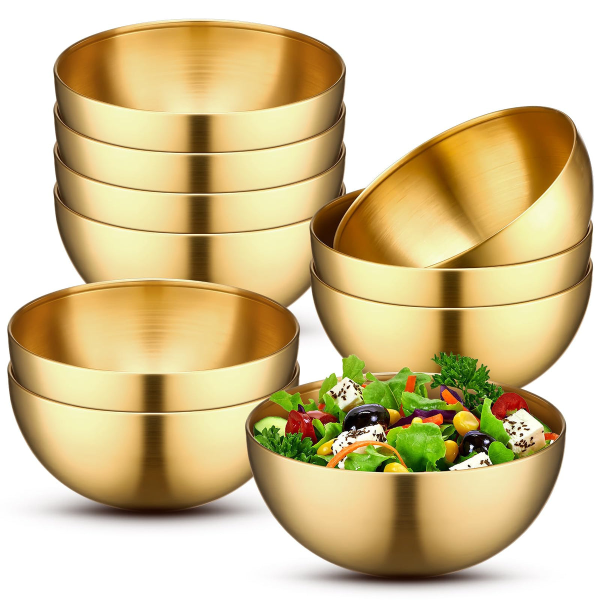 10 Pcs 7.9 Inch Gold Bowls Stainless Steel Salad Mixing Bowls (7.9 Inch / Gold)