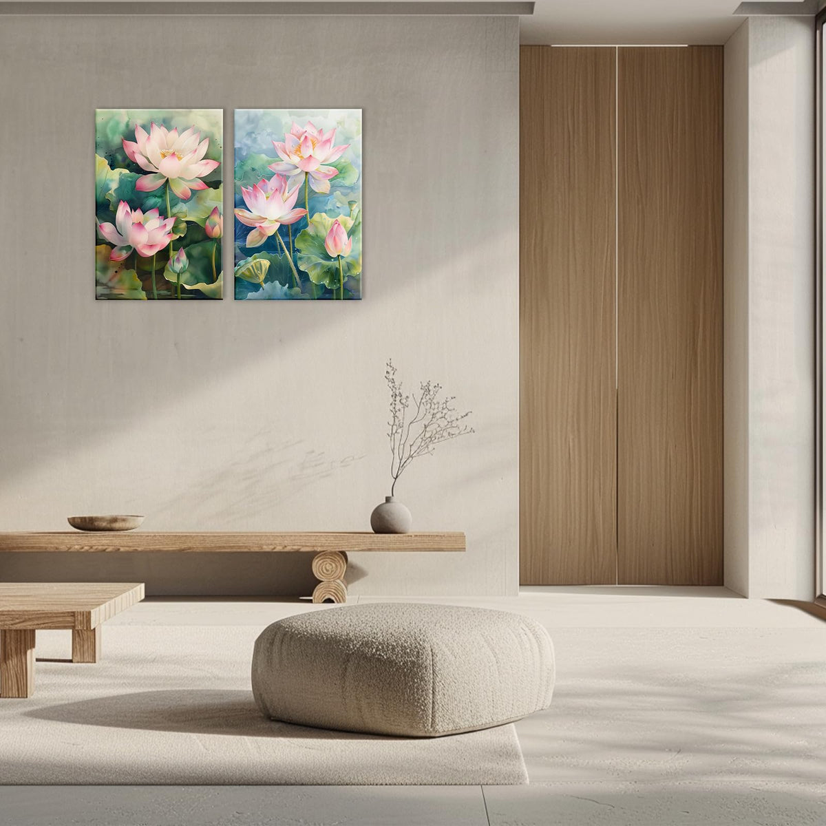 Zen Canvas Wall Art 2 Panel Blooming Pink Lotus Poster Wall Decor Watercolor Lotus Pond Painting Modern Artwork Spa Room Home Decoration Ready To Hang (Artwork-2 / 24"x36"x2pcs)
