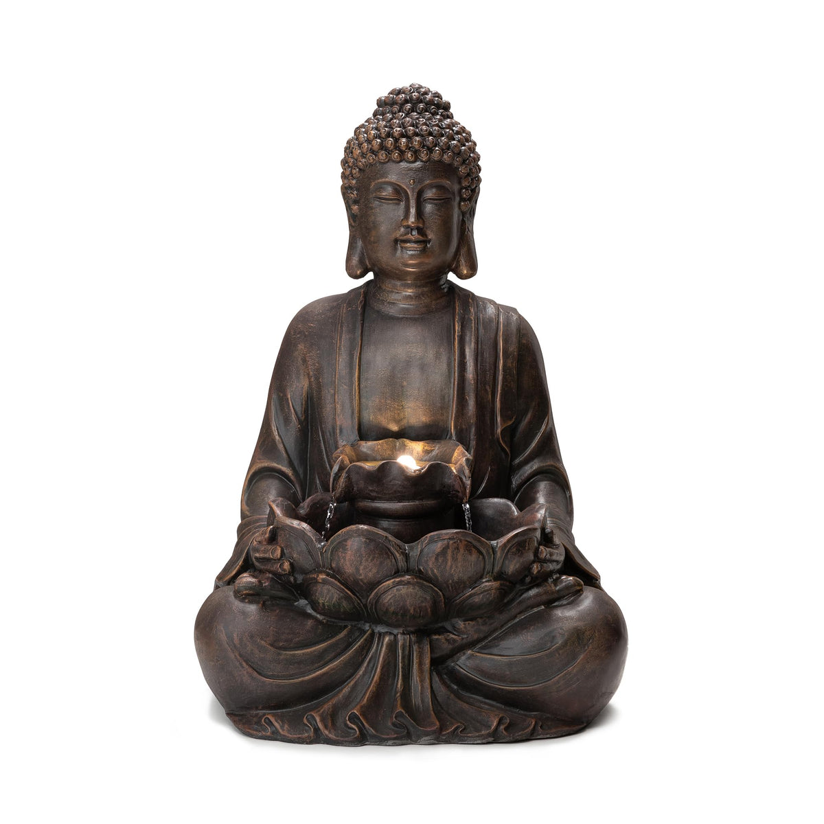 Buddha Fountain with Pump & LED Light (Bronze Buddha W/Lotus Leaf&flower Basins / 28.25"H)