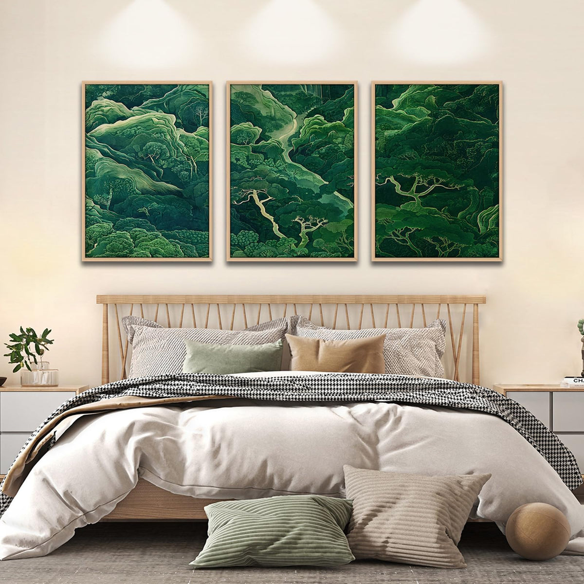 3Pcs Green Japanese Forest Wall Art Ukiyoe Nature Mountain Canvas Prints (Green Forest / 16x24 Inches)