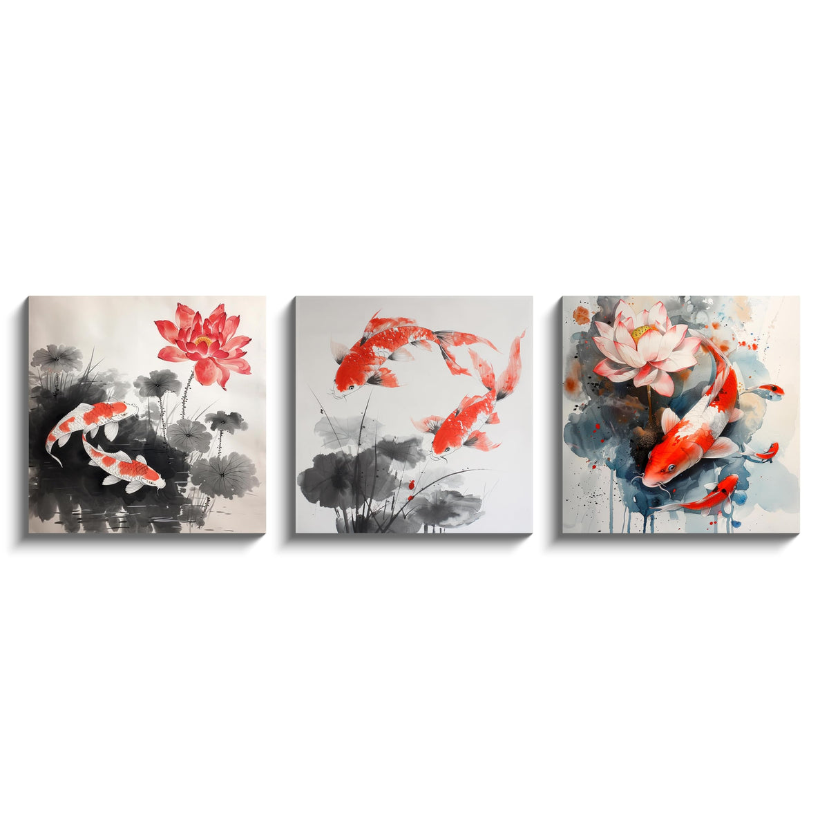 3PCS Traditional Koi Fish and Lotus Flower Canvas Wall Art Asian Ink Style Red and White Carp Feng Shui Water Scene Oriental Zen Artwork for Bedroom Living Room Meditation Office Wall Decor (Koi Fish / 16x16 inches (3 pieces))