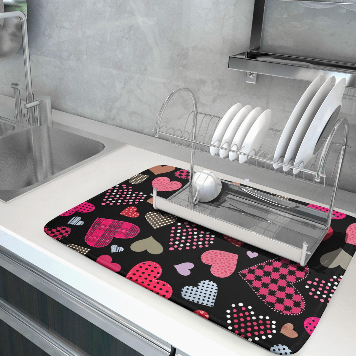Happy Valentine's Day Black Dish Drying Mat for Kitchen Counter (Love Heart / 18" x 24")