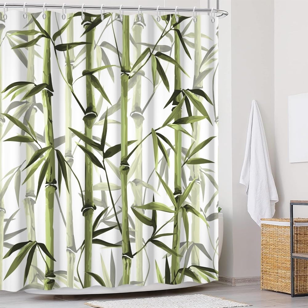 Green Bamboo Shower Curtain Bamboo 3D Printed Outdoor Bathroom Curtain Japanese Asian Zen Spa Spring Botanical Waterproof Fabric Machine Washable for Bathroom Decor Bathtub with Hooks 70x72 Inch (70"W x 72"L (Pack of 1) / Green-54)