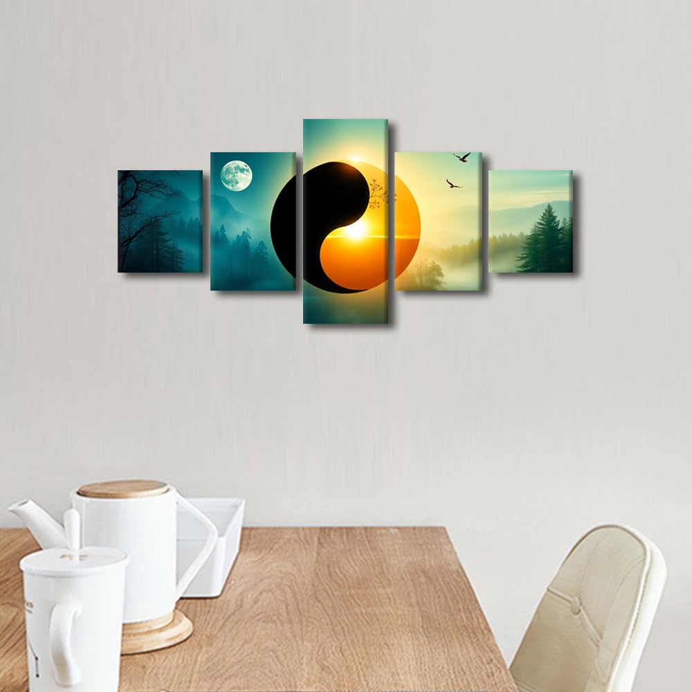Canvas Wall Art Harmonious Yin Yang Symbol Five Panel Framed Painting Modern Home Decor Asian Philosophy Wall Art Meditation Space Decor Ready to Hang 50" Wx24 H (50''Wx24''H / Artwork-13)
