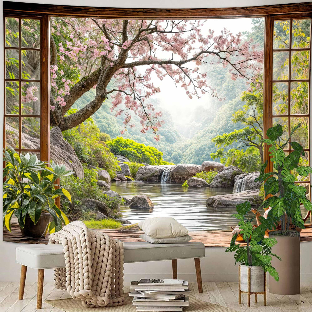 Japanese Scenery Window View Tapestry (Pink / 40"L x 60"W)