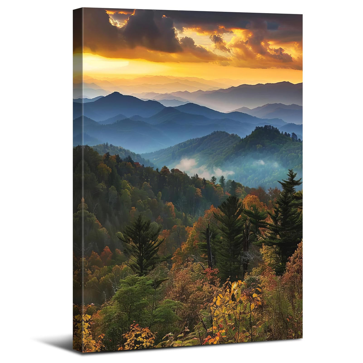 Great Smoky Mountains Wall Art National Park Picture Landscape Canvas Decor Sunset Forest Painting Vintage Mountain Landscape Artwork Framed for Living Room Bathroom Office Home Decoration 16x24” (16"L x 24"W / ZRSJ05)