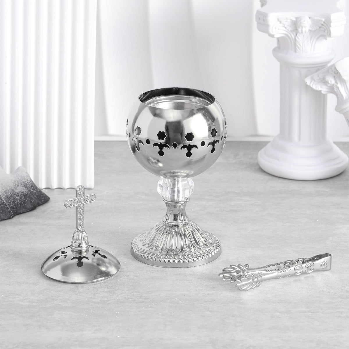 1 Set Incense Burner with Tong (Silver / Retro)