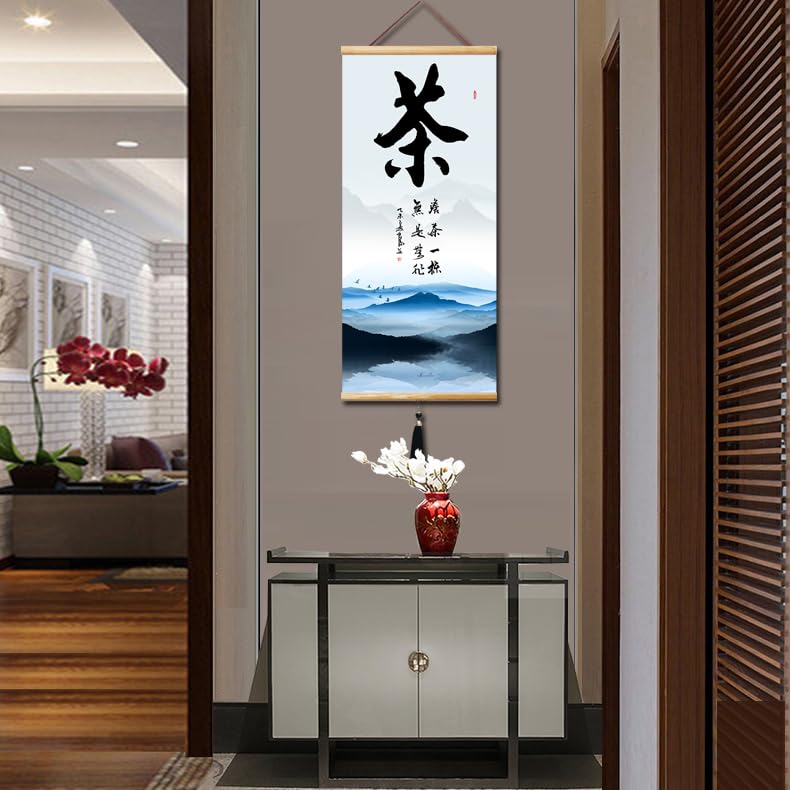 Prints Chinese Japanese Scroll Japanese Wall Art Asian Wall Scroll Cherry Blossom Decor Home (Calligraphy-Tea)