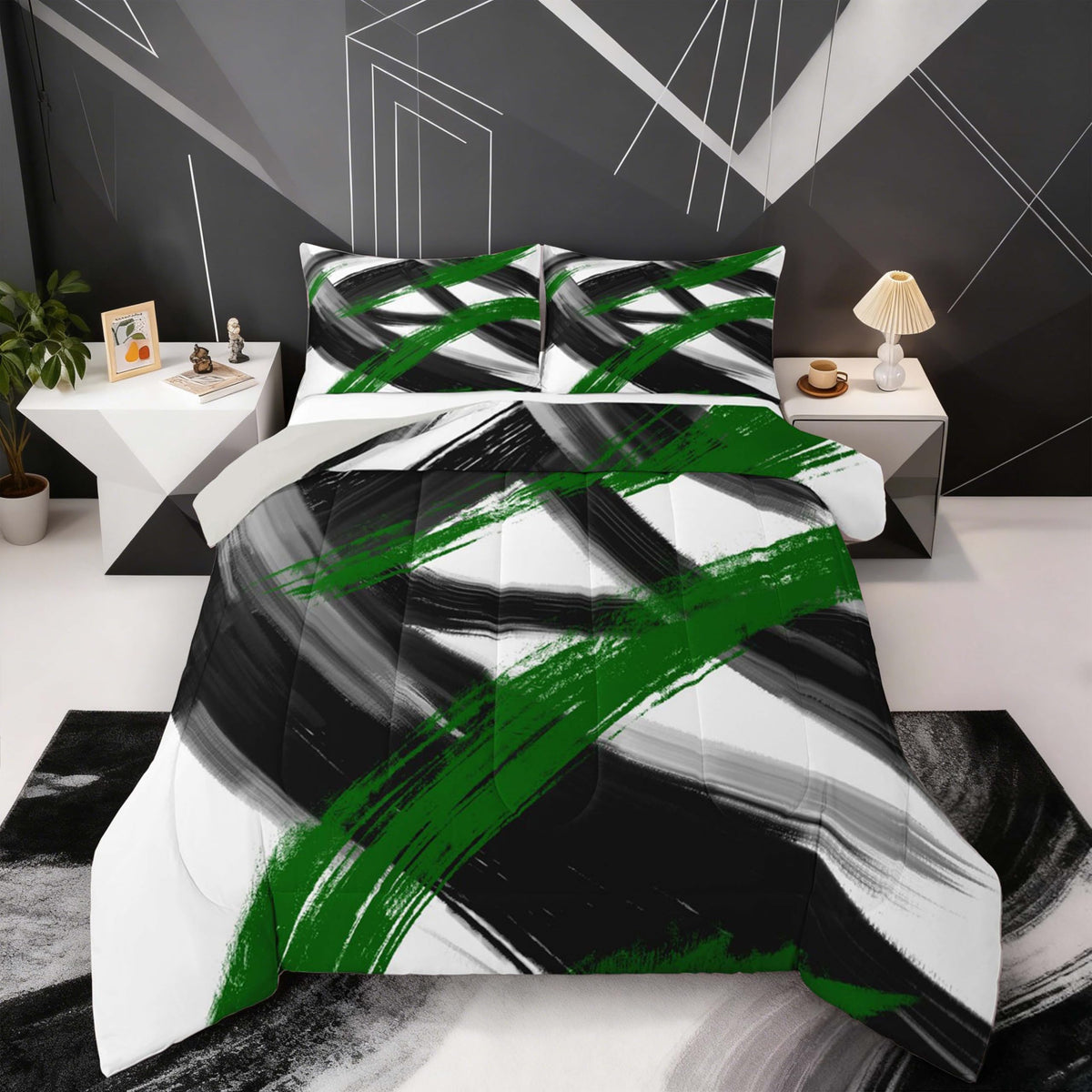 Black Green Comforter Set Full Size Abstract Geometric Bedding Set for Boys Girls Modern Minimalist Duvet Quilt Room Decor Breathable Soft Microfiber All Season 3Pcs with 2 Pillow Cases (Multi 45686 / Full)