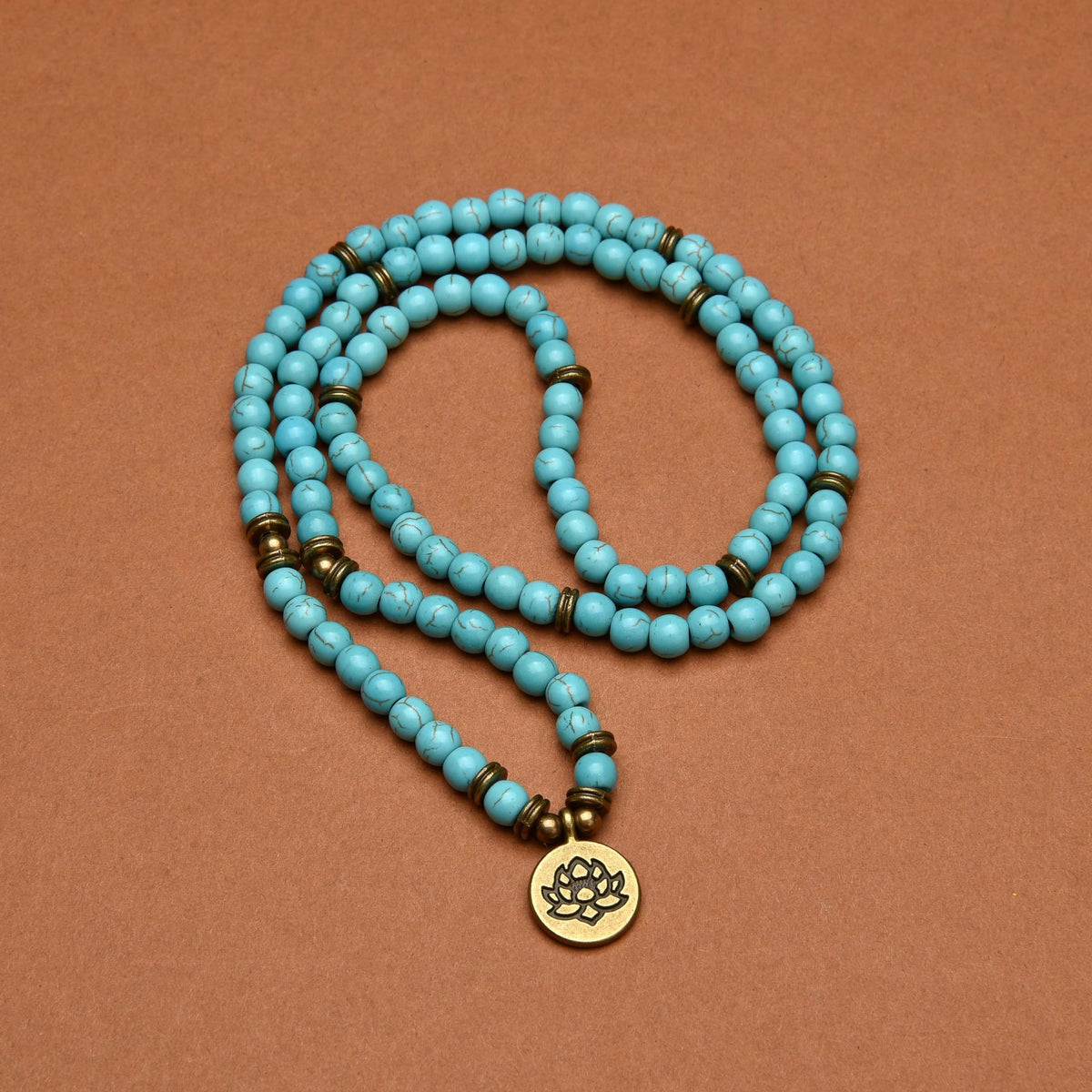 108 Healing Mala Beads Bracelet or Necklace with Gold Lotus Charm (Green Turquoise)