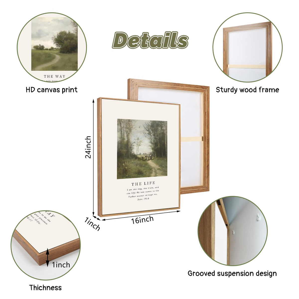 Vintage Christian Framed Canvas Wall Art Set (The Way / 16"L x 24"W)