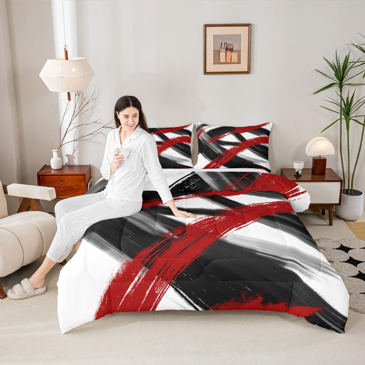Black Red Comforter Set King Size Abstract Geometric Bedding Set for Boys Girls Modern Minimalist Duvet Quilt Room Decor Breathable Soft Microfiber All Season 3Pcs with 2 Pillow Cases (Multi 45684 / King)