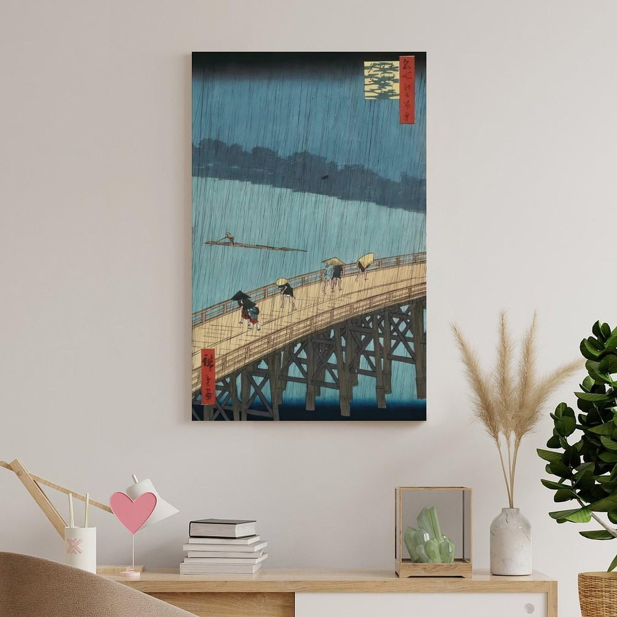 Hiroshige Ohashi Bridge In The Rain Canvas Printing Wall Art Ukiyoe Japanese Landscape Prints Vintage Blue River Bridge Scene Posters Wall Decor For Living Room Bedroom Office 24x36inch (style-9 / 24x36inch(60x90cm) Frame)