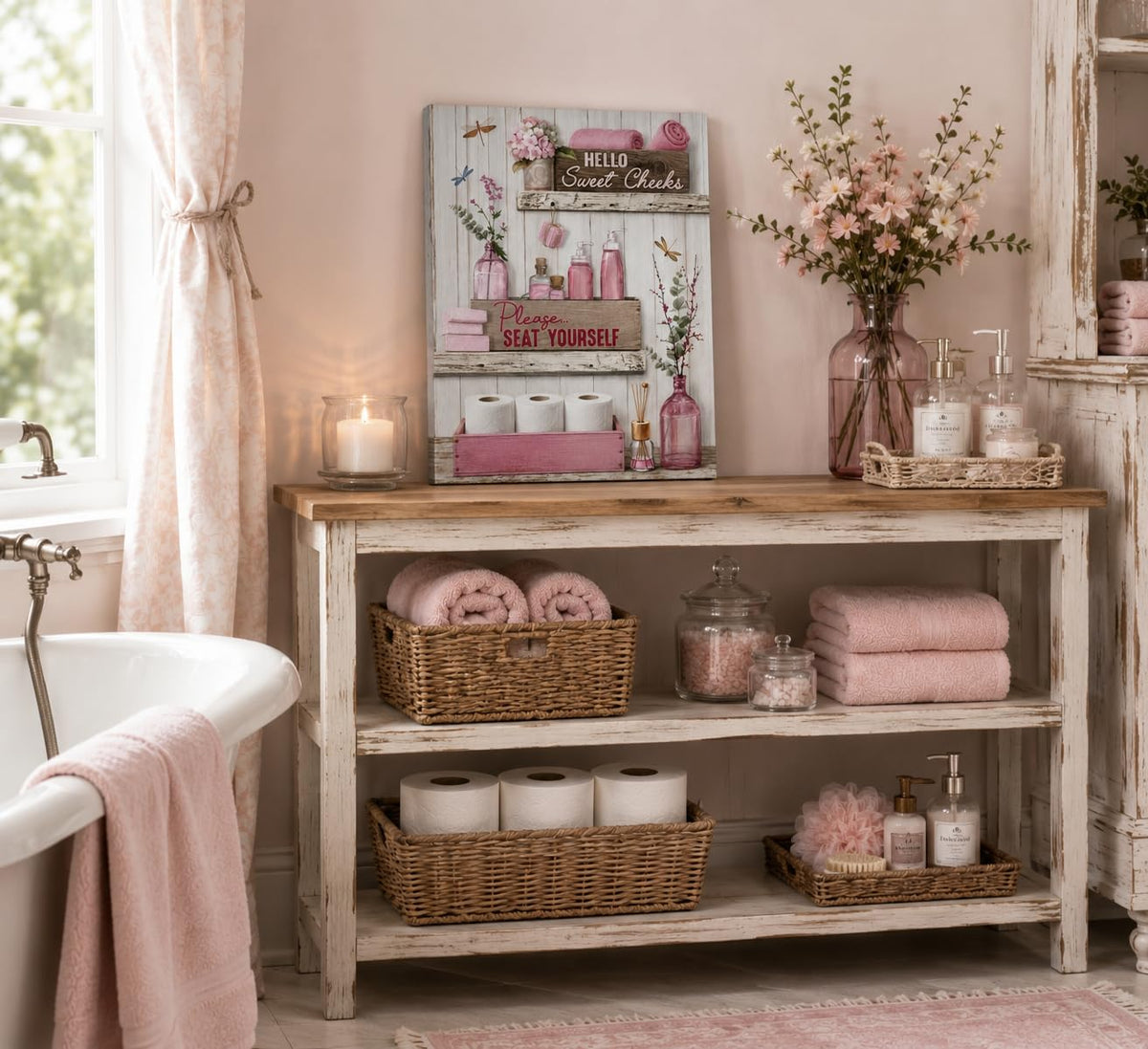 Pink Bathroom Canvas Wall Art 12x16Inches (Pink Canvas / 16"L x 12"W)