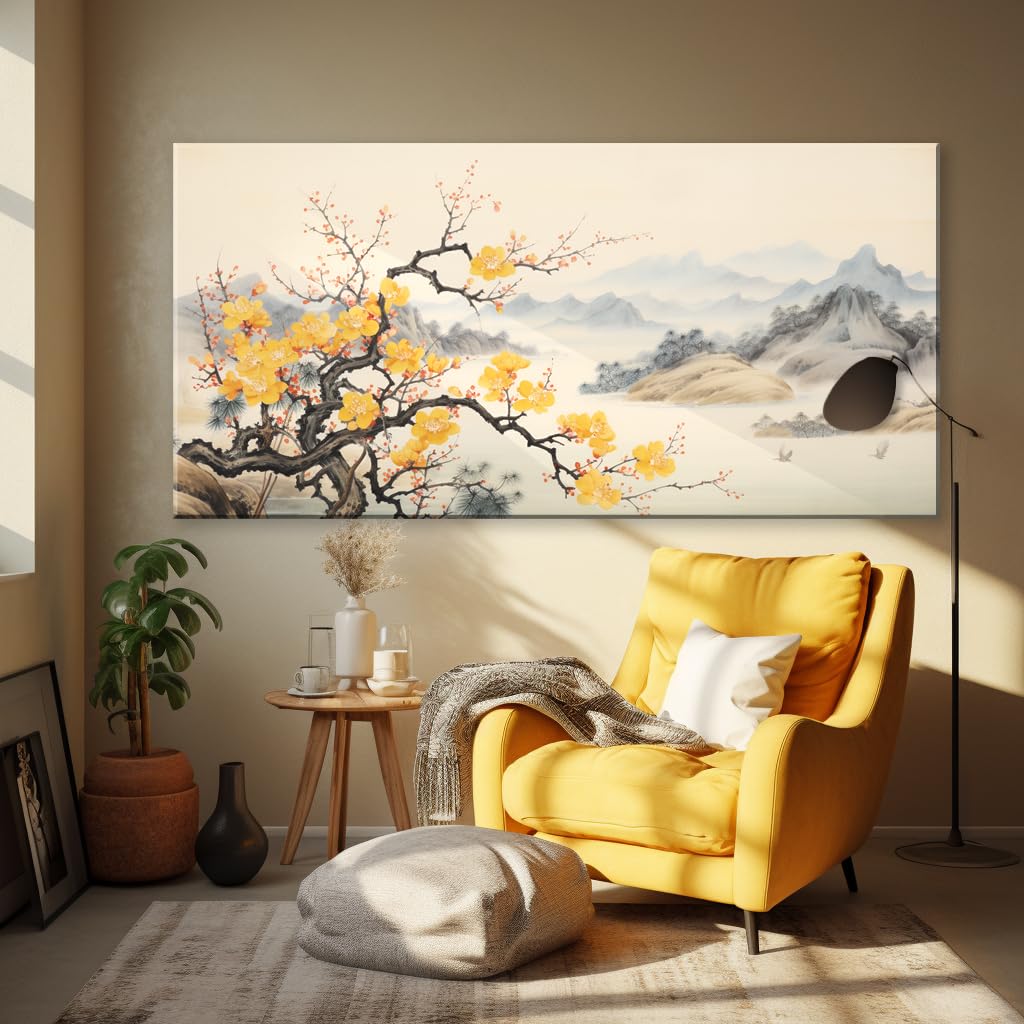 Asian Wall Art Traditional Chinese Painting Oriental Yellow Plum Blossom Canvas Pictures for Wall Decor Home decor for Living Room Cherry Blossom Decor Landscape Artwork Framed Ready to Hang (Yellow Blossom-One Piece / 32"L x 16"W)