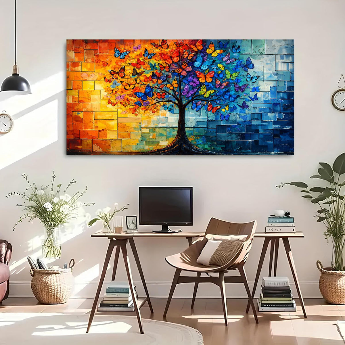 Colorful Butterfly Trees Wall Art Tree of Life Picture Wall Decor Large Living Room Wall Decoration (60"L x 30"W / Tree of Life)