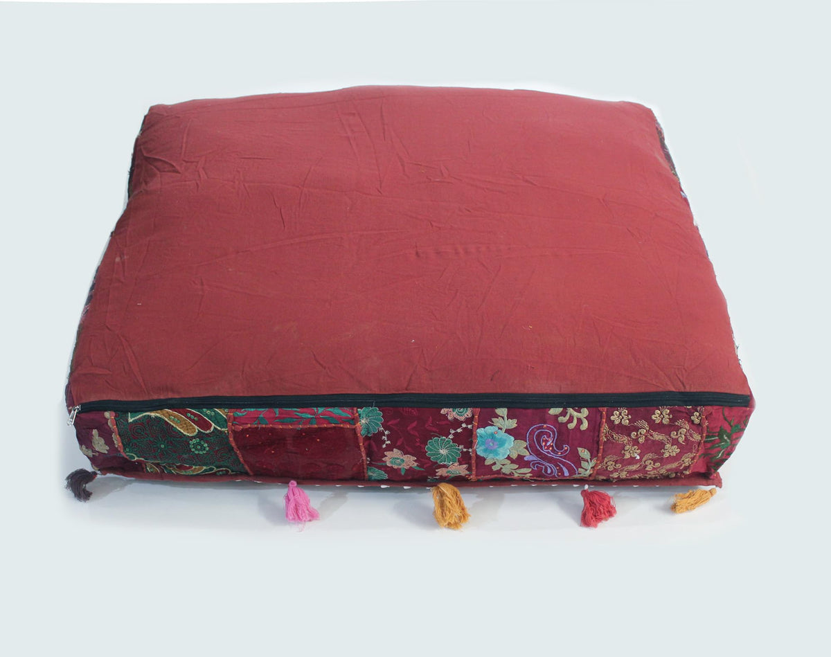 Indian Square Patchwork Traditional Pouf Cover Indian Living Room Poufs Decorative Embroidered Designer Ottoman Home Living Footstool Chair Cover Decor Pillow Cover 35 inches (35"D x 35"W x 5"H / Dark Red)