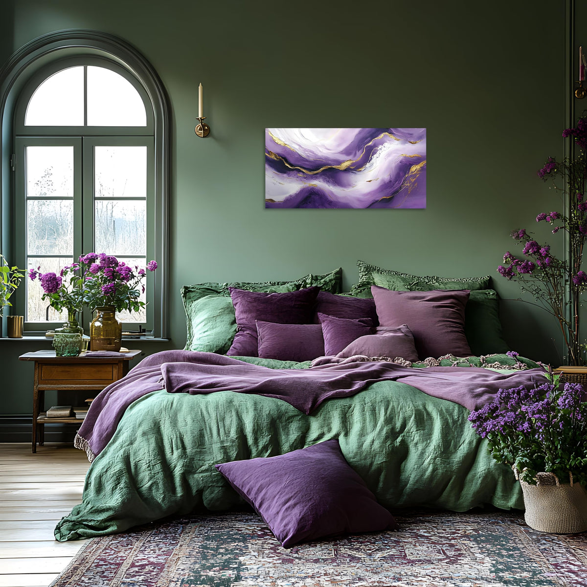1 Pcs Purple Wall Art Purple Pictures for Wall Plum Color and Gold Abstract Canvas Picture Print on Canvas Plum Color Pictures for Bedroom for Room Decor Stretched and Framed 16x32 inch (32"L x 16"W / Purple Gold)