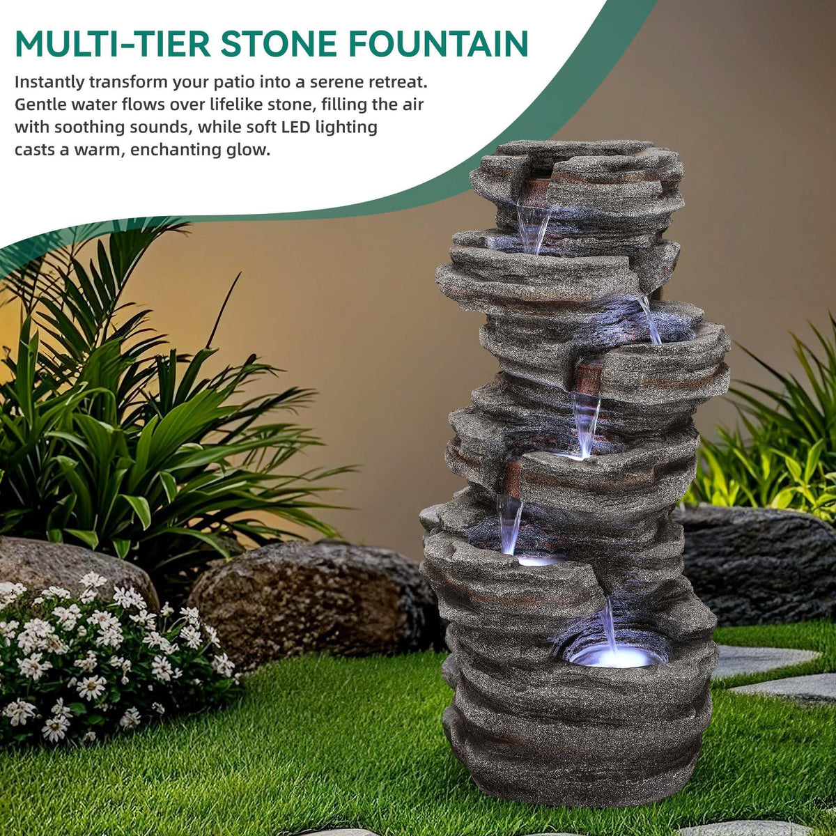 Extra Large Rock Outdoor Water Fountain with Pump & Light Separate Control (40"grayish Brown)