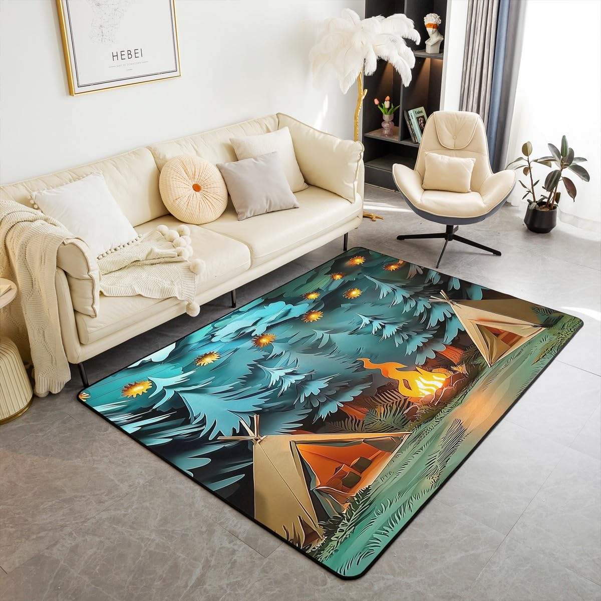Camping Large Area Rug 5x7 Woodland Camp Living Room Rug (Brown Green / 4'11" x 6'6" (Rectangular))