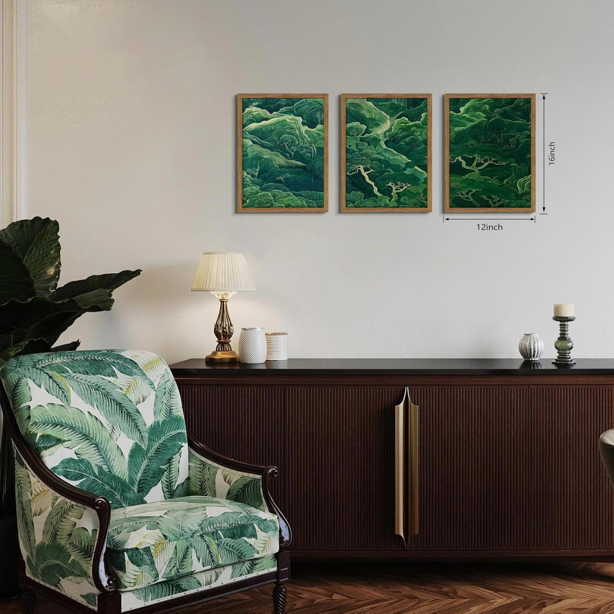 Japanese Nature Forest Wall Art Set of 3 (Green Book Mountain / 16"L x 12"W)