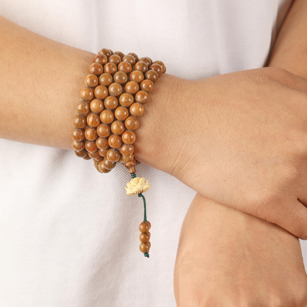 Natural Green Sandalwood 108 Mala Bead Necklace with Handcarved Lotus Buddhist Prayer Beads for Meditation or Yoga (Handcarved Lotus)