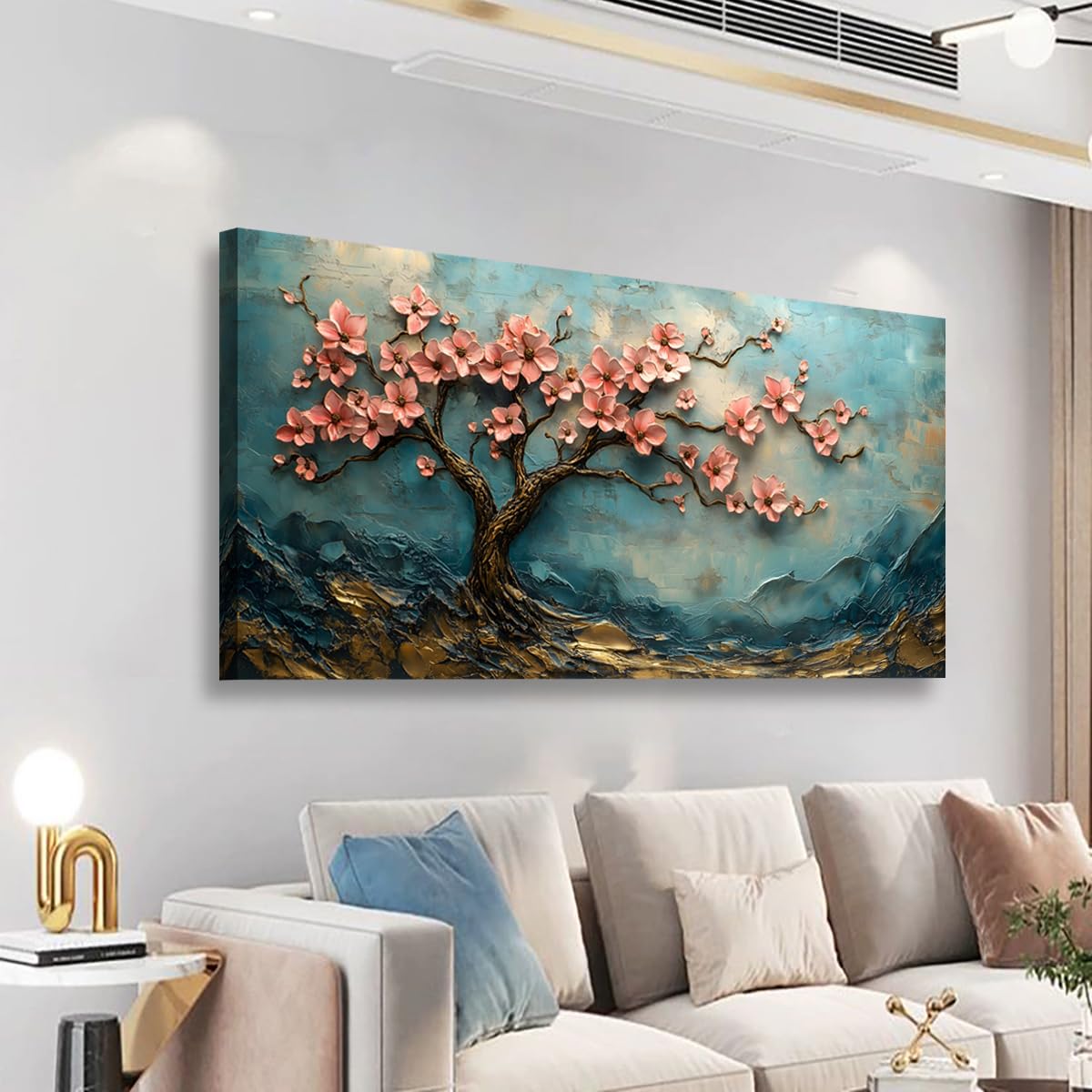 Tree of Life Pink Flowers and Golden Trees Pictures Canvas Wall Art for Living room Office Bedroom Teal Mountain Abstract Wall Decor Art Print Paintings Modern Plum Blossom Artwork (40"L x 20"W / Pink Flowers and Golden Trees)