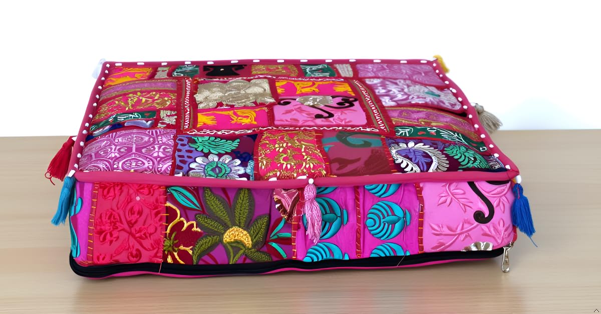 Indian Square Patchwork Traditional Pouf Cover Indian Living Room Poufs Decorative Embroidered Designer Ottoman Home Living Footstool Chair Cover Decor Pillow Cover 16x16x5 inches (16"D x 16"W x 5"H / Pink)