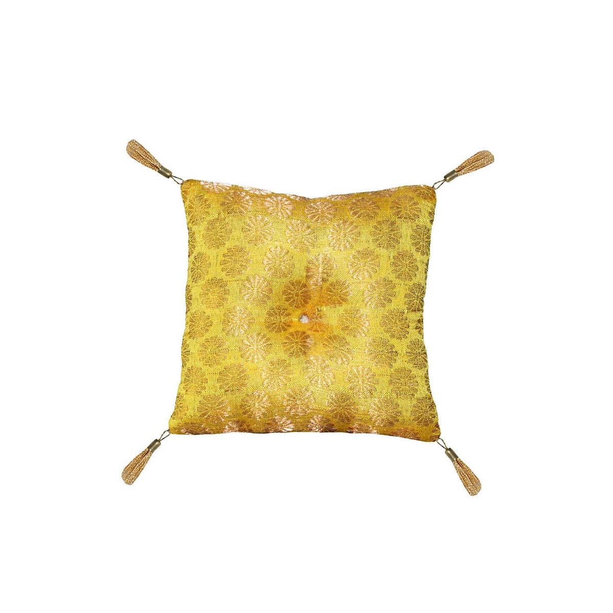 Cushion for Tibetan Singing Bowl Handmade Square Cushions Brocade Art Silk Home Decor Jewelry Display Pillow (5" x 5" Inch / Yellow)