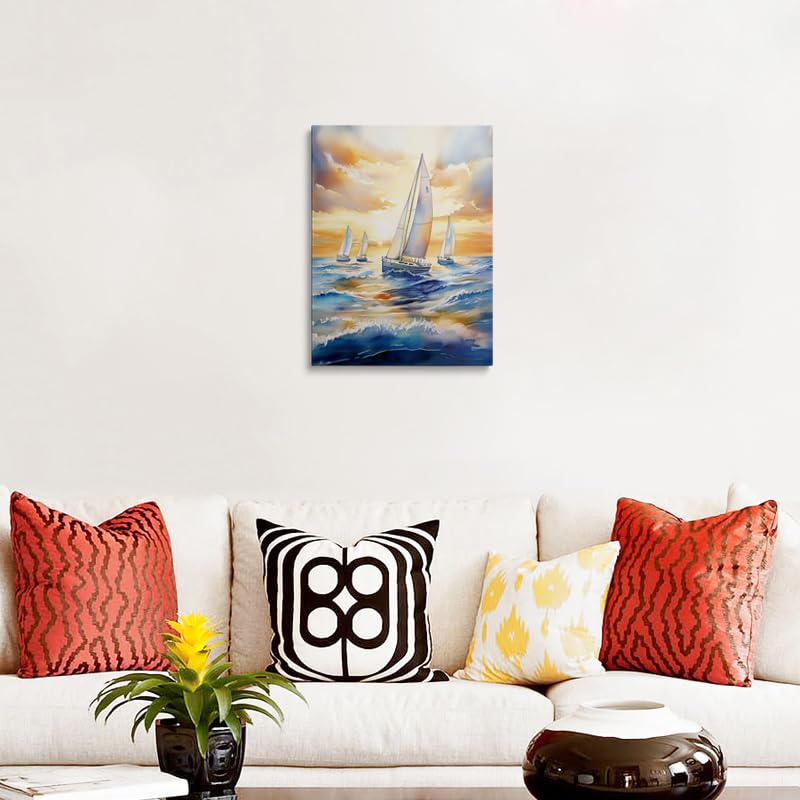 Watercolor Sailboats Sunset Canvas Wall Art Framed Print Painting Ocean Seascape Blue Golden Sky Waves Wall Decor Artwork Poster Calming Coastal for Bathroom Bedroom Living Room Decor 12x16 Inches (sailboat / 16"L x 12"W)