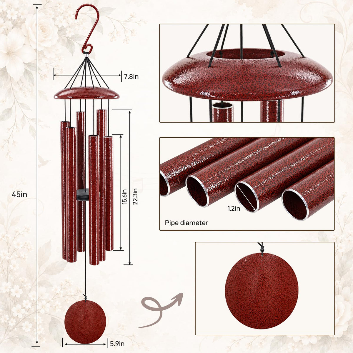 45 in Memorial Wind Chimes Large with 6 Heavy Tubes (45“Ruby Red)