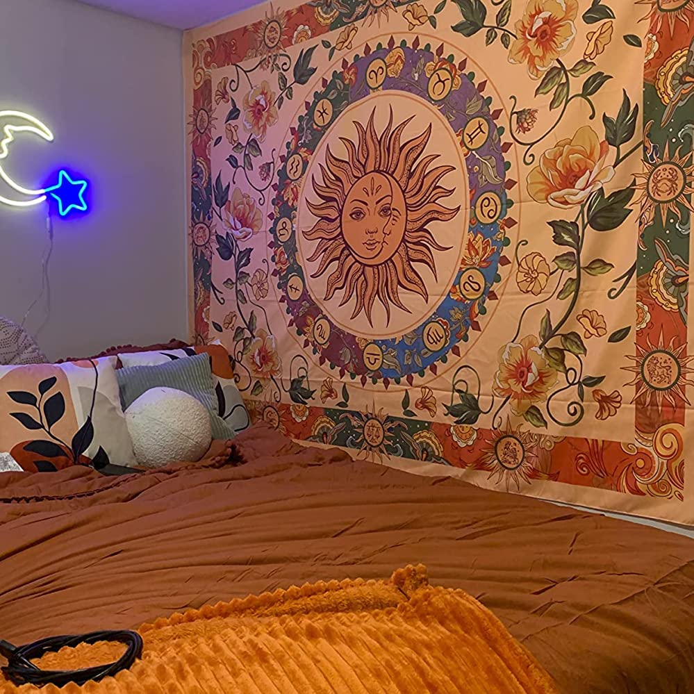 Yellow Sun and Moon Tapestry Hippie Indie Tapestries Boho Orange Flower Floral Tapestry Wall Hanging Cool Vintage Aesthetic Wall Tapestry for Bedroom Living Room Dorm (Orange / 80"L x 60"W)