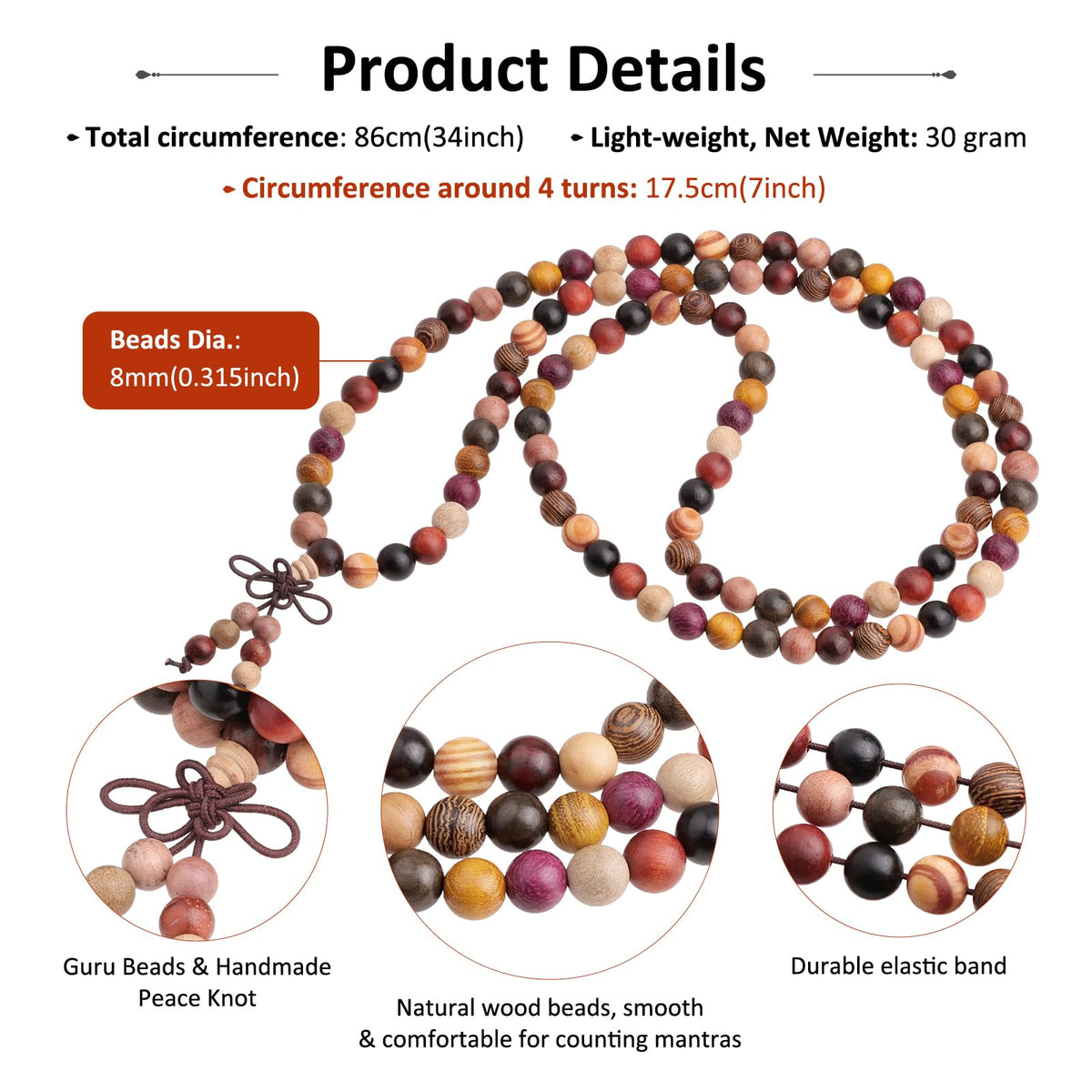 Natural Wood Wrap Bracelet for Women and Men (3-Mixed Sandalwood(8mm))
