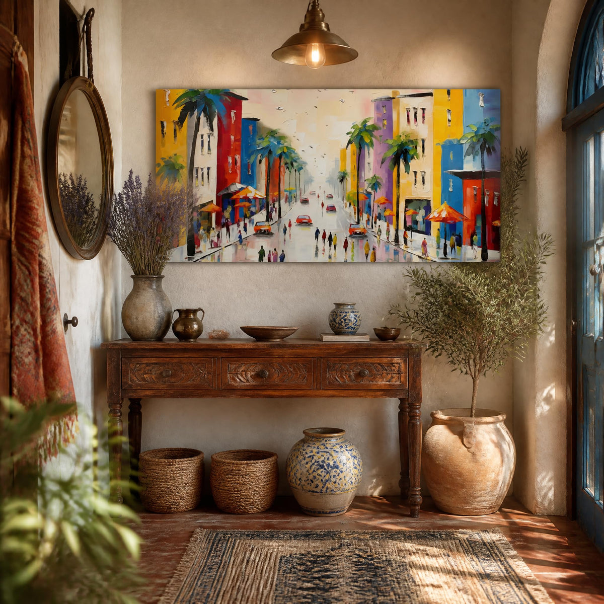 Colorful City Street Canvas Wall Art Vibrant Tropical Palm Tree Painting Print Gallery Wrapped Faux Impasto Coastal Town Artwork for Living Room Bedroom Bathroom Decor (Abstract / White Street 5 / 40"L x 20"W)