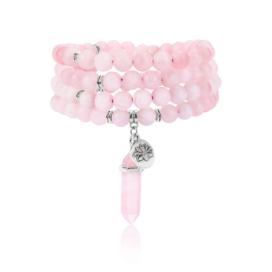 108 Mala Beads Bracelet 8mm Natural Matte Rose Quartz Healing Crystal Stone Mala Prayer Bead Necklace Hexagonal Prism Gemstone Reiki Pointed Pendant for Yoga Meditation Energy Balancing (Matte Rose Quartz Crystal)