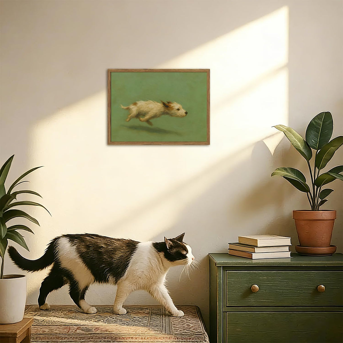 Funny Dog with Zoomies Wall Art Cute Terrier Dog Running Wall Decor Picture Vintage Animal Poster Canvas Painting Print Cute Pet Artwork for Living Room Bedroom 12x16 inch Wood Framed (Animal -Q / 16"L x 12"W)