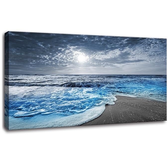 Large Canvas Wall Art for Living Room Beach Poster Wall Pictures for Bedroom Wall Décor Ocean Room Decor Blue Photo Prints Sea Artwork Paintings Framed Office Kitchen Decorations 30x60 (beach blue / 60"L x 30"W)
