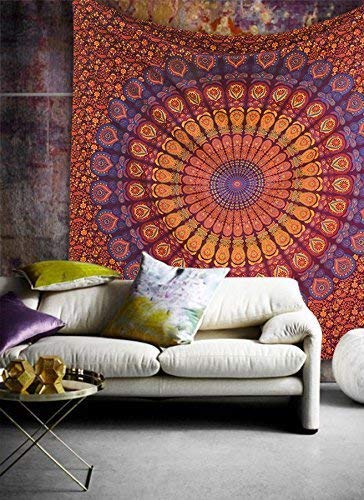 Hippie Mandala Tapestry Wall Hanging (60"L x 54"W / Maroon Yellow)